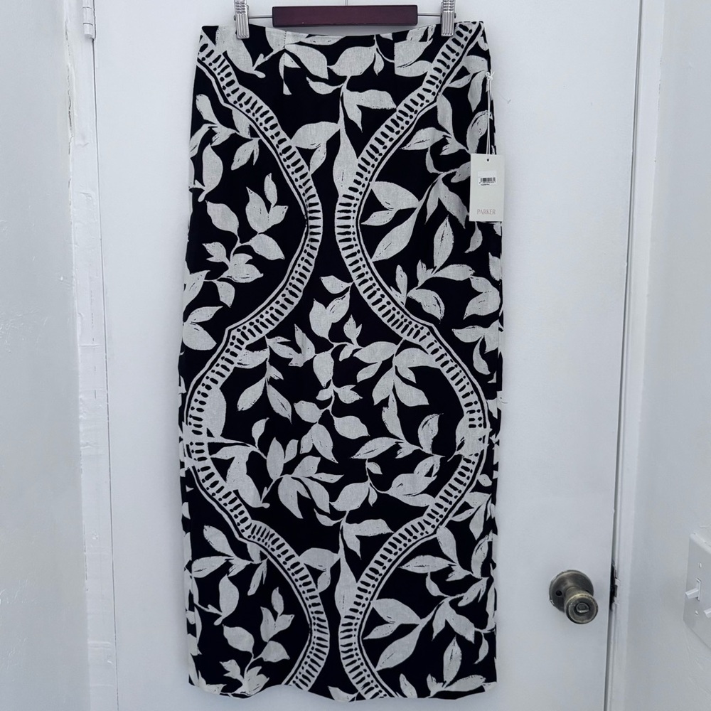 Parker the Kiley straight Midi Black and White leaf print needy Skirt woman's 8. - Picture 2 of 14